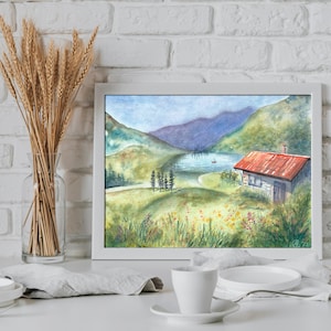 Switzerland Beatenberg Watercolor Painting: Summer Landscape Art (30x40cm)