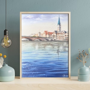 Zurich Watercolor Painting: Swiss Cityscape Art, Travel Souvenir