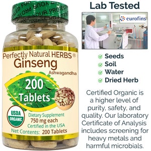 Puede incluir: Una botella de 200 comprimidos de ginseng con ashwagandha, etiquetada 'Perfectly Natural HERBS&reg; Ginseng Ashwagandha 200 Tablets'. La botella est&aacute; certificada por USDA Organic y contiene 750 mg de ginseng por comprimido. La botella est&aacute; rodeada de hojas verdes y un taz&oacute;n de frijoles blancos. La imagen tambi&eacute;n incluye un logotipo de prueba de laboratorio y un texto que dice 'Lab Tested' y 'Certified Organic is a higher level of purity, safety, and quality. Our laboratory Certificate of Analysis includes screening for heavy metals and harmful microbials.'