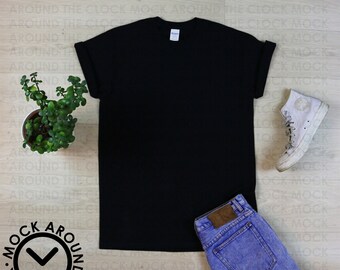 Download Black shirt mockup JPEG, Gildan Mockup Black Rolled ...