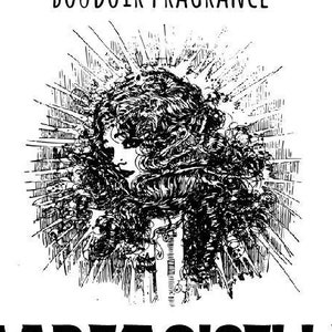 May include: Black and white illustration of a woman's face with a dramatic hairstyle. The text "CURIO CAULDRON BOUDOIR FRAGRANCE MADE MOISELLE" is printed below the illustration.