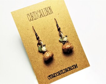 Acorn and Green Aventurine Dangle Earrings, Boho, Hippie, Pagan, Nature Gift