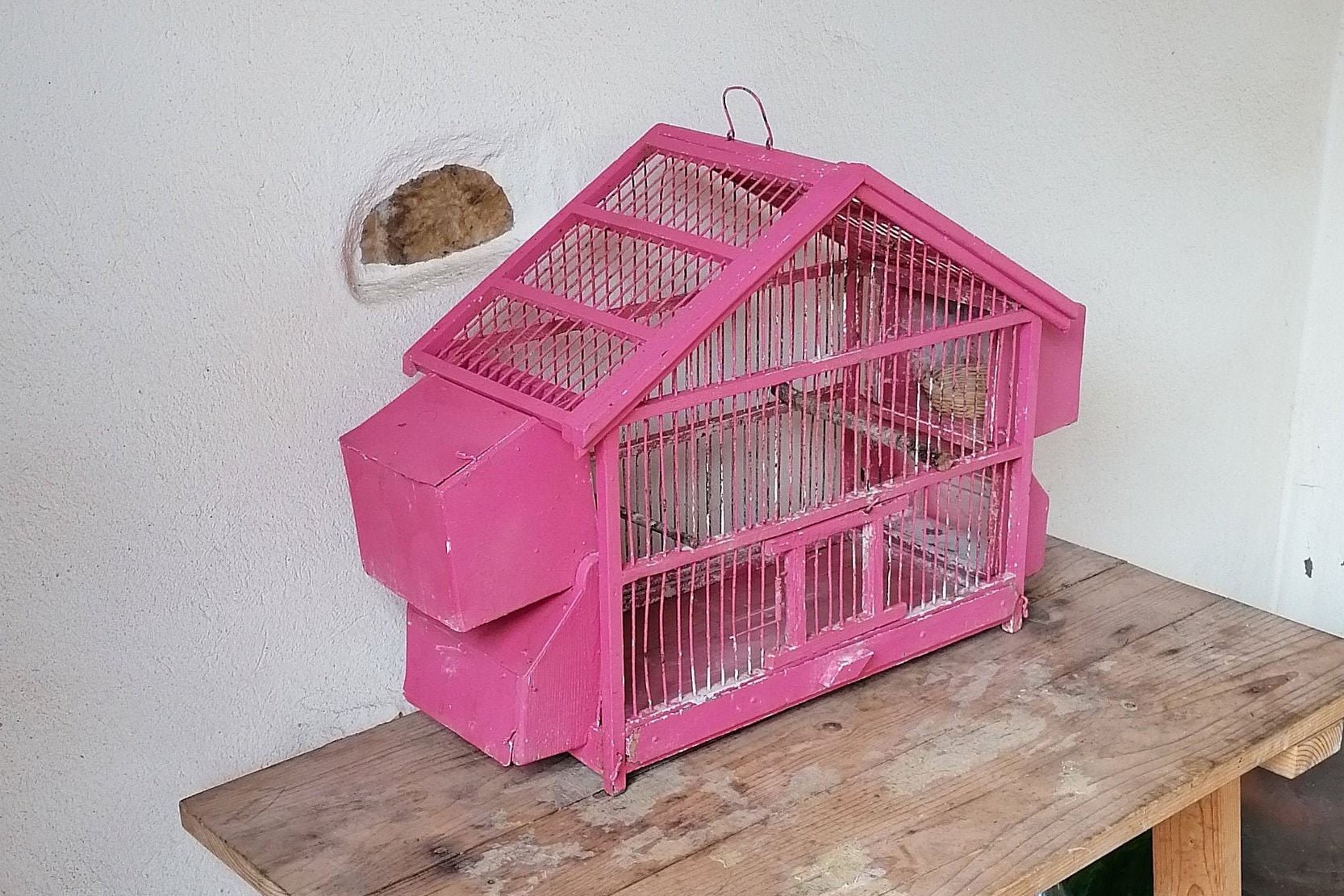 Pink and Iron Wood Bird Cage, Vintage Italian, Country House