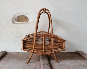 Wicker centerpiece, rattan bread holder, 60s bamboo fruit bowl, Italian, mid-century, vintage kitchen décor, container