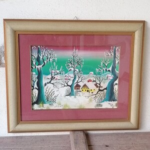 Naif Italian acrylic painting of the 80s framed, picture with winter landscape, rural landscape, painting with snow