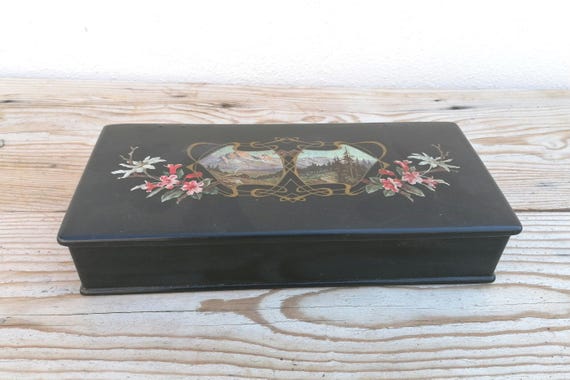 Vintage wooden box, box, jewelry box, Liberty, 1910, Italian, jewelry holder, floral motifs, black, art nouveau,