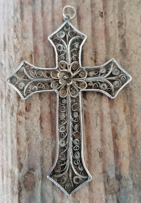 Antique 1960s Italian 800 Silver Filigree Rosary Cross, Handmade