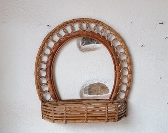 Vintage wicker wall shelf and Italian rattan 60s, interior wall decoration of the house, wall ornament items for kitchen