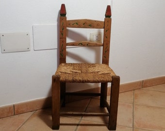 Antique small Italian fireplace chair in wood, stuffed, rustic antique stool, antique kitchen décor, farm house kitchen