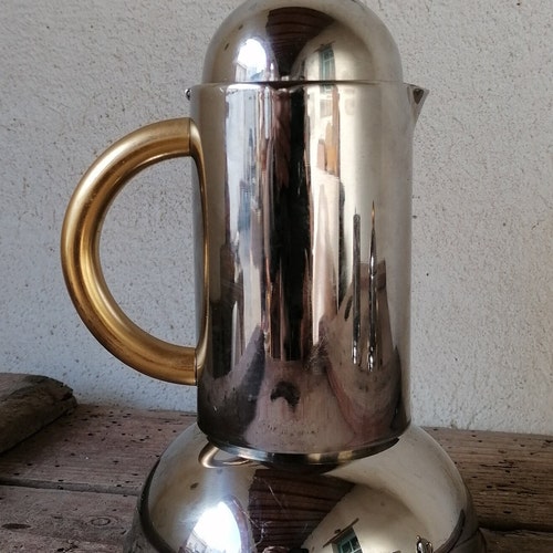 Italian espresso filter moka coffee shops maker 6 cups, Orchidea model by Inoxpran 80s, in steel and gold plated,