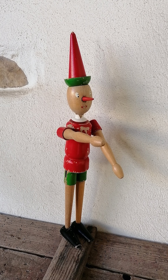 Pinocchio en bois, années 60, italien, vintage, jouet en bois