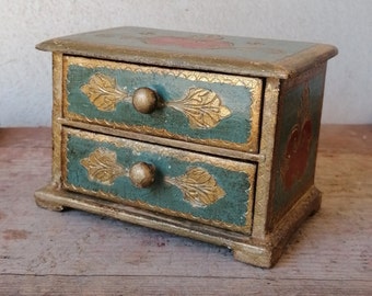 Red and gold green vintage jewelry box with two drawers, Florentine style wooden jewelry box, antique hand-painted box