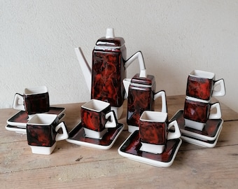 Vintage ceramic coffee service, 70s, Italian design, 70s home kitchen décor, modern mid-century, red and black,