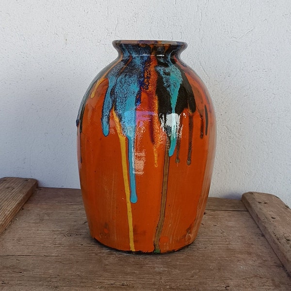 Italian vase in glazed ceramic by Claudio Pulli from the 70s, artistic ceramic studio, orange