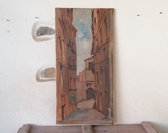 Italian acrylic painting of the 70s on canvas, rectangular painting with ancient urban landscape, painting of the historic city center