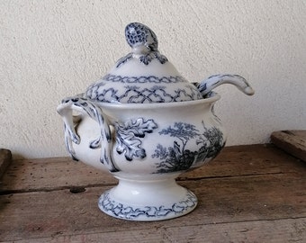 Small soup bowl second half 1800 , Victorian , English ceramics , Pastoral , home décor , White and blue , vintage ,