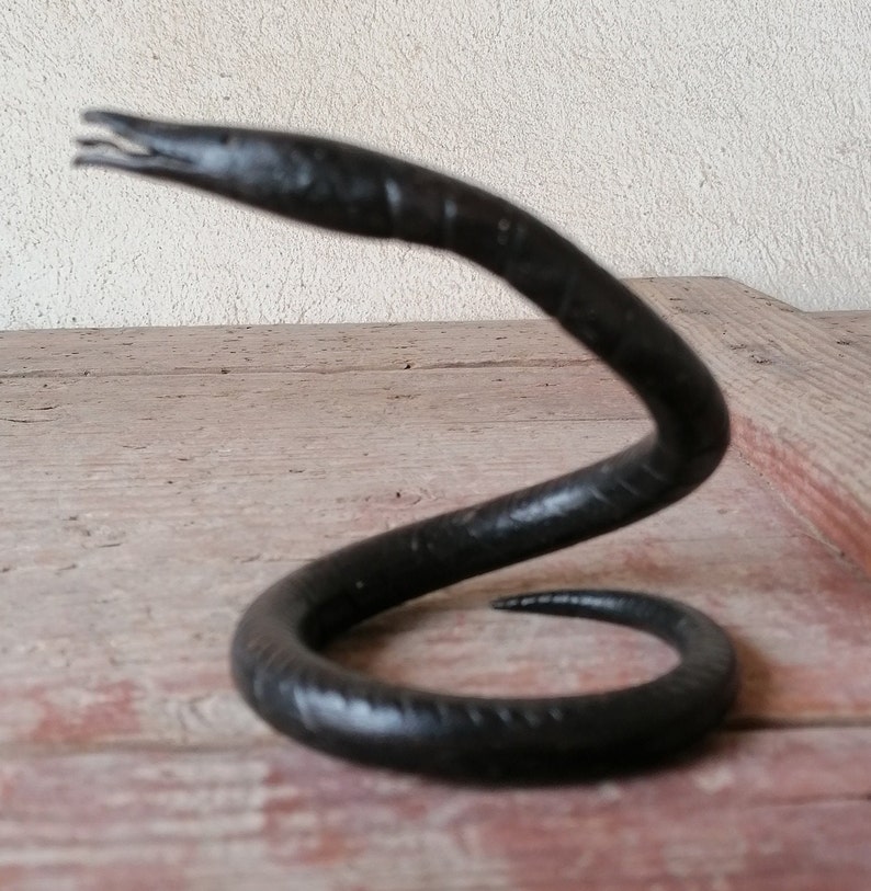 K&ouml;nnte beinhalten: Eine schwarze Schlangenskulptur aus Metall mit einem gewundenen K&ouml;rper und einem erhobenen Kopf. Die Skulptur steht auf einer Holzoberfl&auml;che.