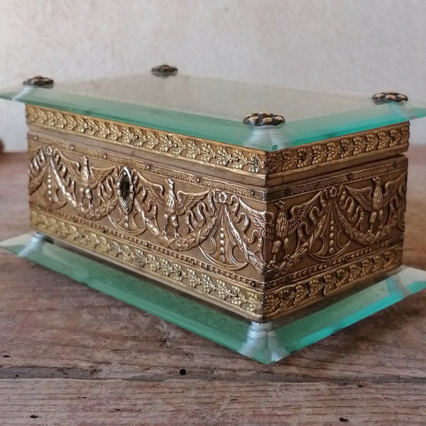 Antico portagioie italiano , scatola di gioielli vintage , metallo dorato , cofanetto rettangolare , scatola fedi matrimonio