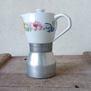 Moka pot , italian coffee maker , coffee maker Kitty Express , 6 cups, ceramic and aluminum , blue flowers , floral motifs