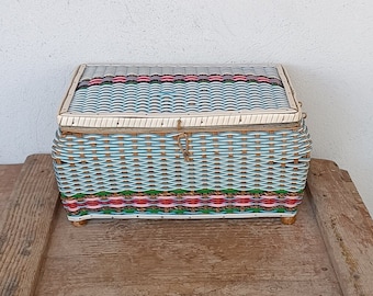 Antique sewing box, Italian, 1950s, sewing box in plastic and natural fiber, jewelery box, white and light blue box