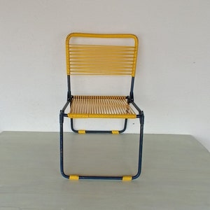 Small vintage chair, folding, in iron and plastic, for children, 70s, yellow and blue