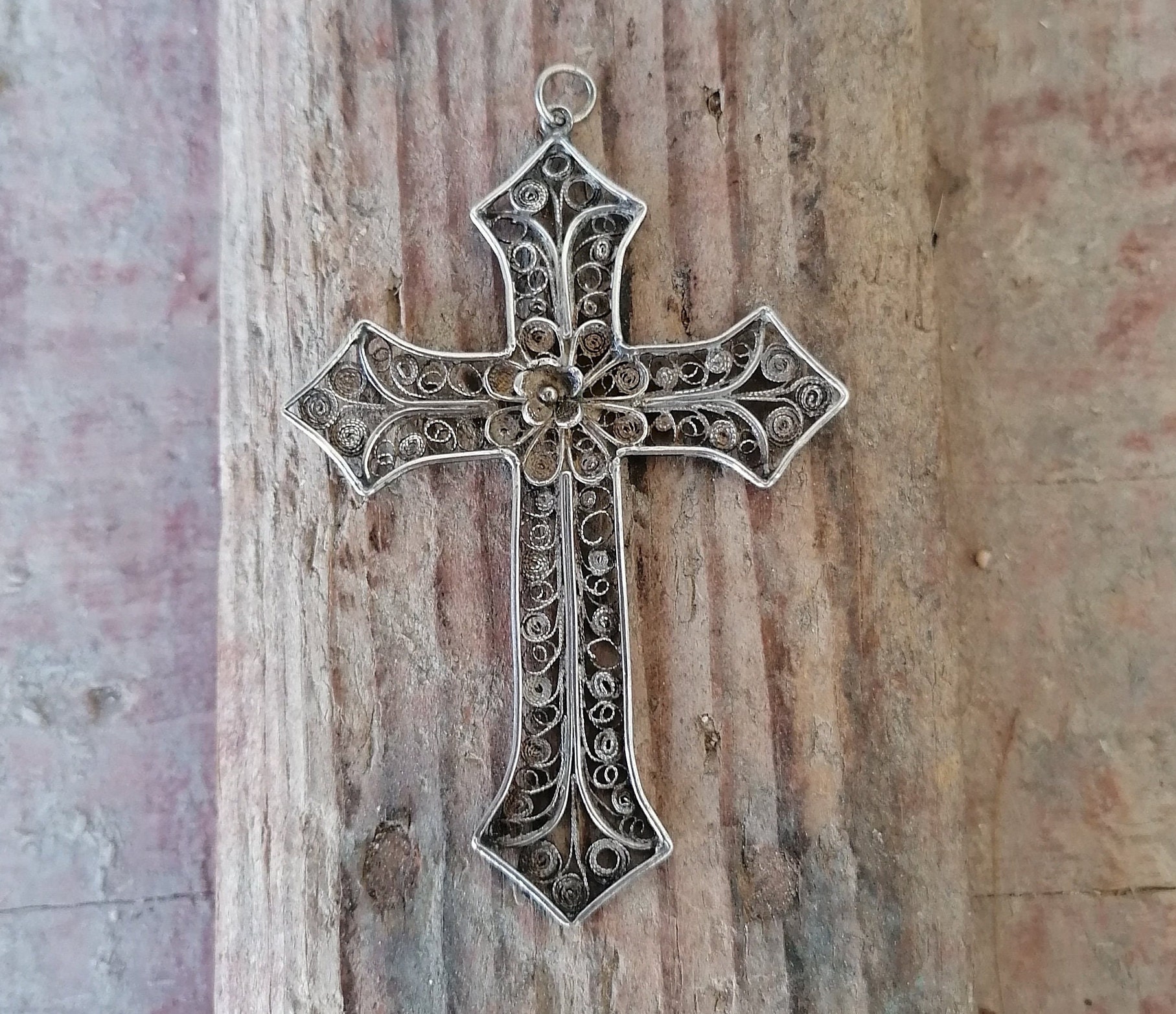 アクセサリー Garni/Silver Vintage Cross PD Antique 1960s Italian 800 Silver Filigree Rosary Cross, Handmade