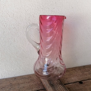 Ancient blown glass carafe of the 20s, Italian, for water and wine, table decoration, pink glass,