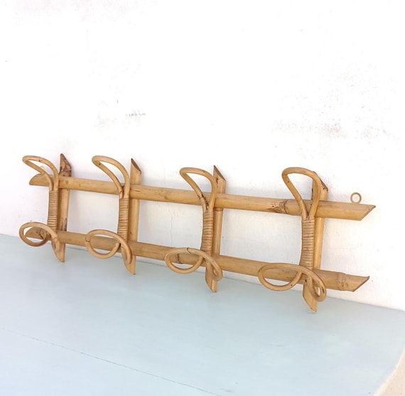 Vintage rattan and bamboo coat rack, 60s, Italian, wall decor, entrance,  bathroom, study, light wood hooks, boho chic hangers