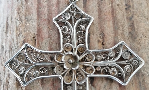 Antique 1960s Italian 800 Silver Filigree Rosary Cross, Handmade