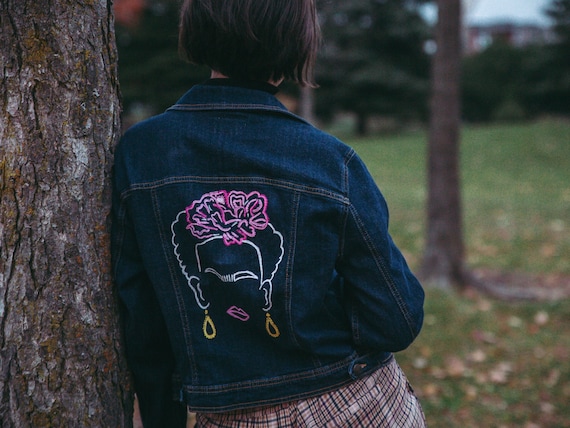 Jeans jacket Frida Khalo minimalist portrait, hand embroirery and paint, woman clothes, feminist art