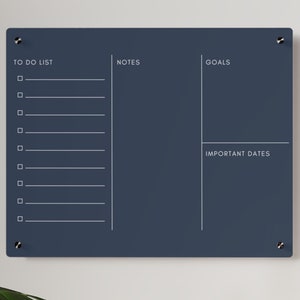 May include: A dark blue dry erase board with white writing. The board is divided into four sections: To Do List, Notes, Goals, and Important Dates. The board is mounted on a white wall.
