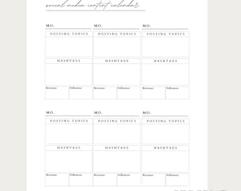 May include: A printable social media content calendar with sections for posting topics, hashtags, revenue, and followers. The calendar is divided into six sections, each representing a different month.