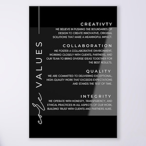 Large Business Mission Statement, Corporate Mission Statement, Core Values, Company Values, Company Vision, Business Office Acrylic Sign