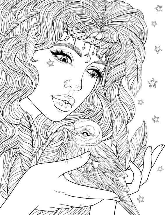 Download Adult Coloring Page Lady with bird in the hands Digital | Etsy