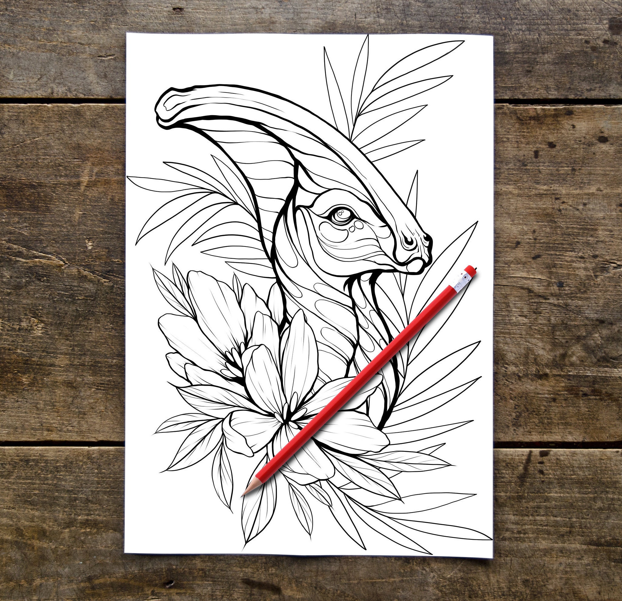 Adult Coloring page. Dinosaur with flowers. Pdf file of | Etsy