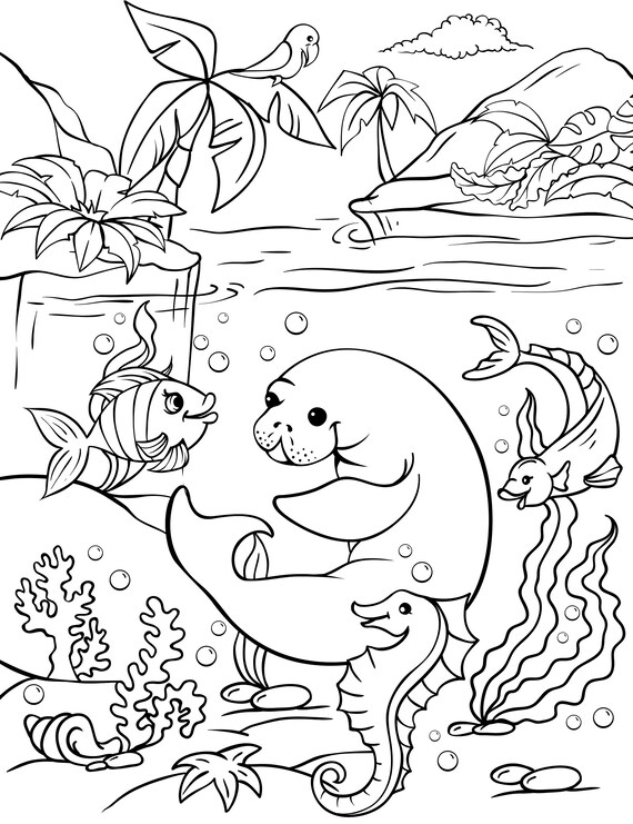 Download 2 Pages Coloring With Sea Animals Digital Coloring For Kids Etsy