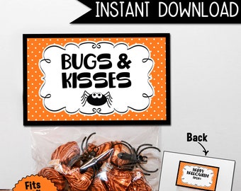 Bugs & Kisses, Printable Treat Bag Topper, Halloween Favor, Trick or Treat, INSTANT DIGITAL DOWNLOAD