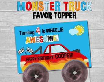 Printable Monster Truck Birthday Party Favor Topper Treat Bag Label | Snack Bag Topper | 6.5&quot; x 3.25&quot; | Donut Wheels | DIGITAL DOWNLOAD