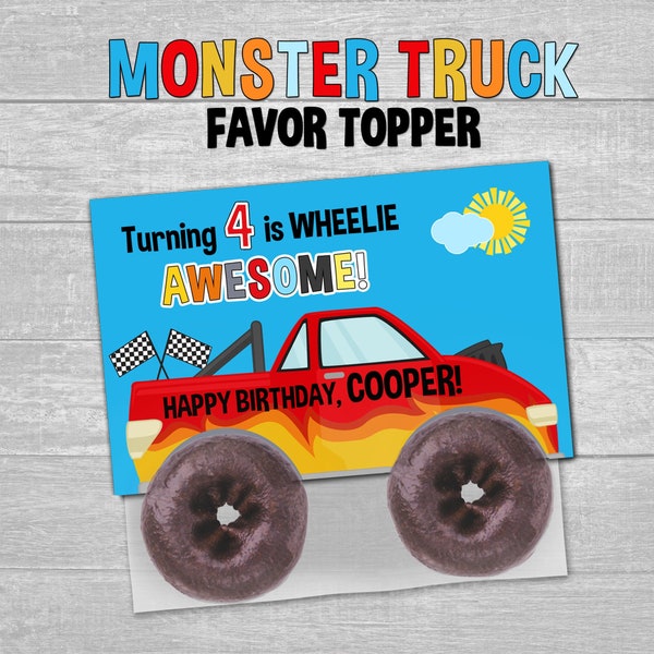 Printable Monster Truck Birthday Party Favor Topper Treat Bag Label | Snack Bag Topper | 6.5" x 3.25" | Donut Wheels | DIGITAL DOWNLOAD