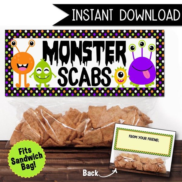 Monster Scabs Halloween Treat Topper, divertida etiqueta de bolsa de regalo de Halloween, favor de fiesta de Halloween, truco o trato / DESCARGA INSTANTÁNEA