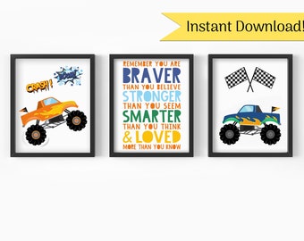 Monster Trucks, Boys Room Printable Wall Art, Set of 3, You Are Braver Stronger Smarter, INSTANT DIGITAL DOWNLOAD