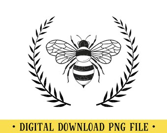 Pode incluir: Ilustração a preto e branco de uma abelha dentro de uma coroa de louros. A abelha tem um abdómen listrado e asas detalhadas. A imagem inclui o texto "DIGITAL DOWNLOAD PNG FILE" num banner amarelo.