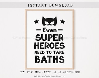 Superhero Bathroom Art: Funny Kids Bath Decor (Digital Download)