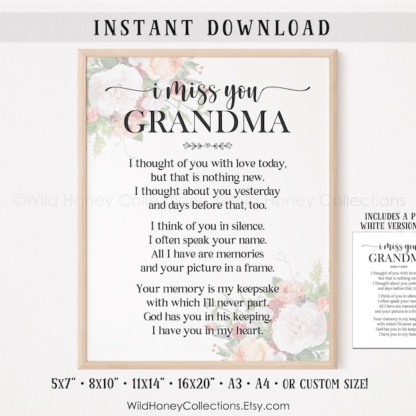 I Miss You Grandma, Memorial Poem, Lost Loved One, In Memory Of, Grief, Mourning, INSTANT DIGITAL DOWNLOAD