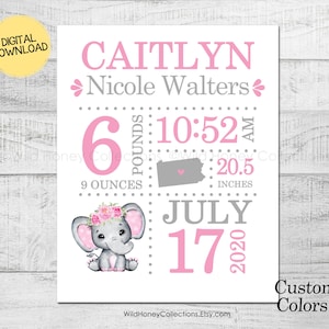 Baby Birth Stats, Printable Nursery Decor, Cute Elephant, Nursery Wall Art, Pink & Gray, Custom Colors! DIGITAL DOWNLOAD