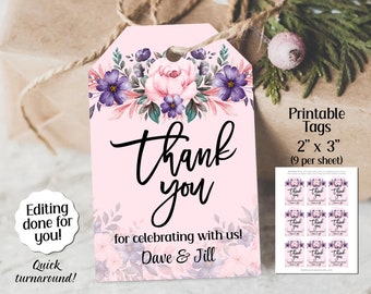 Printable Thank You Tags, Pink & Purple Flowers, Editing Done For You, Quick Turnaround, 2" x 3" Tags, Gift Tags, DIGITAL DOWNLOAD