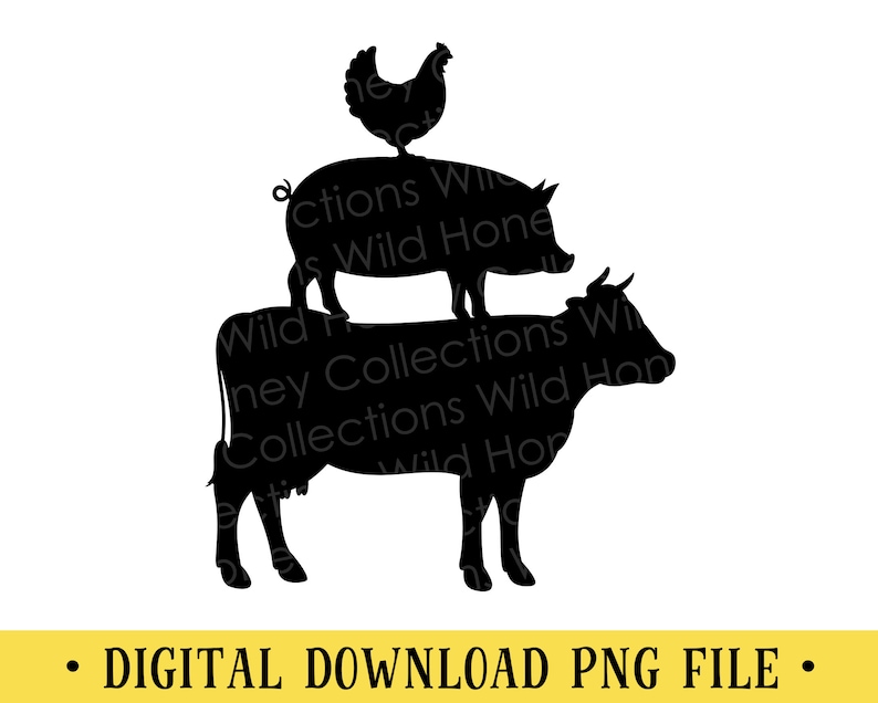 May include: Black silhouette of a cow, pig, and chicken stacked on top of each other. The cow is at the bottom, the pig is in the middle, and the chicken is on top.