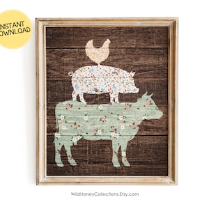 Cow Pig Chicken, Printable Farmhouse Decor, Farm Animals Silhouettes, Cottagecore, Floral, INSTANT DIGITAL DOWNLOAD