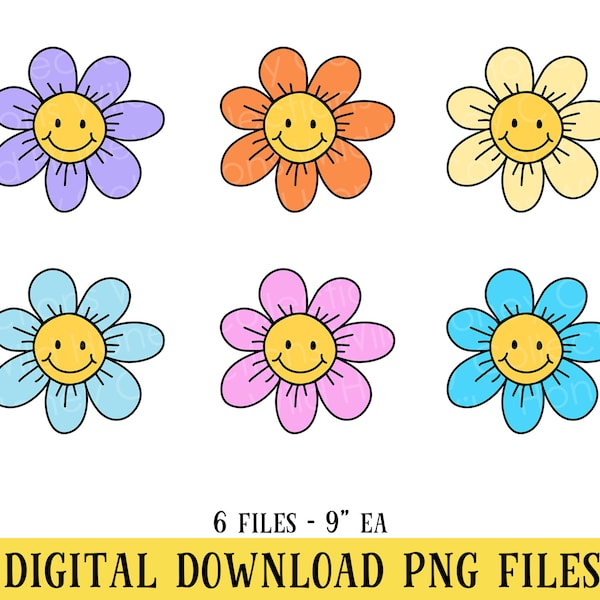 Daisy Flowers, Smiley Flowers, Flower Clipart, 6 PNG Files, Sublimation, Transparent File, INSTANT DOWNLOAD