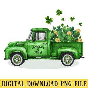 May include: A green vintage pickup truck with the words "Shamrock Farms" on the side. The truck bed is filled with green shamrocks and gold coins.